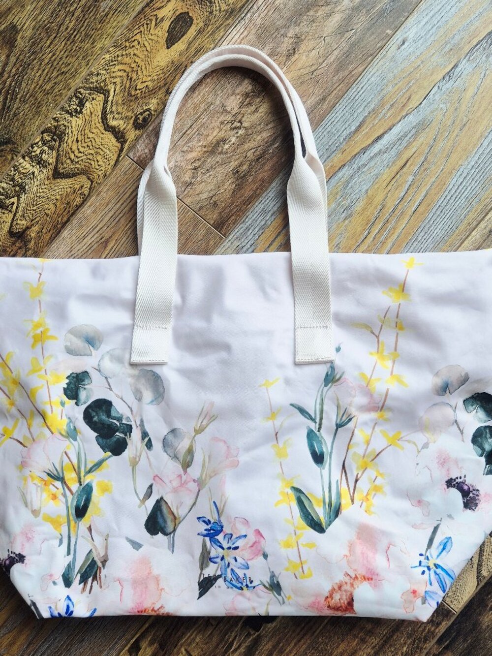 Ted Baker Vibrant Painted Meadow Floral Tote Bag Double Handles Zip-Closure Pink